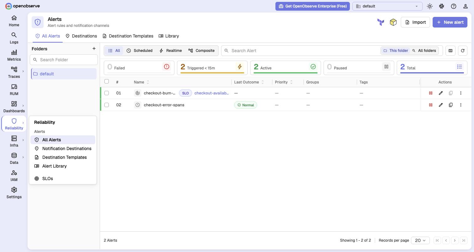 Alerts list: the SLO-backed alert with no outcome, and the scheduled alert after its first evaluation